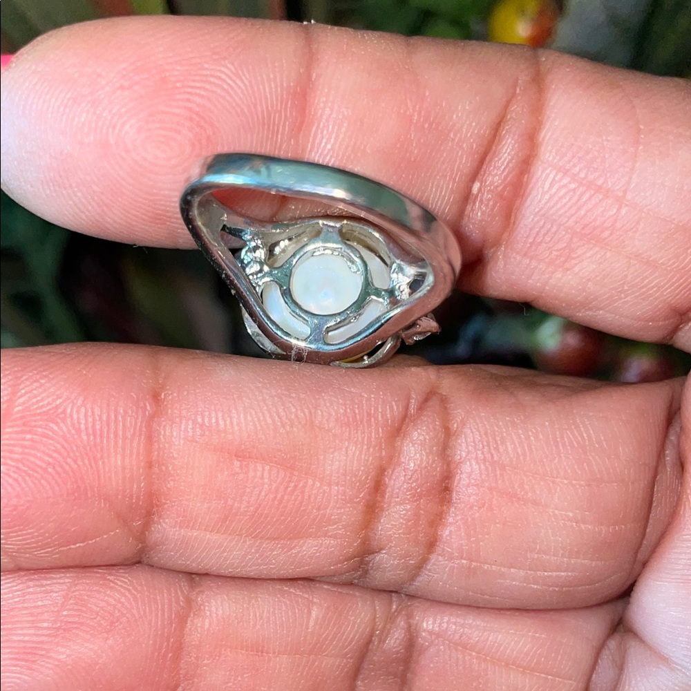 Elegant Baroque Freshwater Pearl Ring with diamond chips .925 silver Ring SZ 8 - Picture 6 of 12